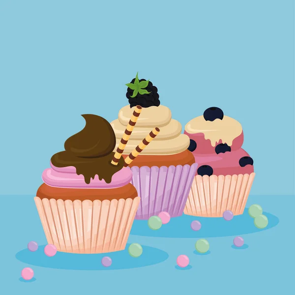 Leckere Cupcakes mit Früchten — Stockvektor