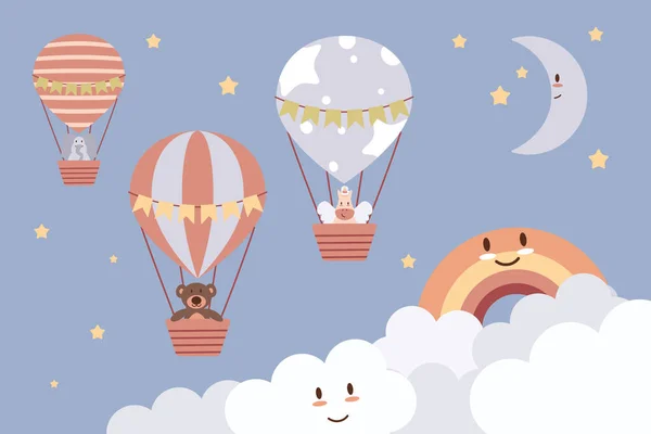 Animais bebés em balões de ar — Vetor de Stock