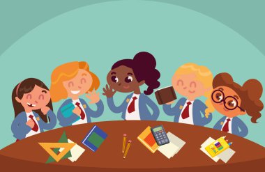 Okul malzemesi olan öğrenciler.