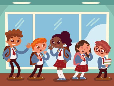 Öğrenciler okulda konuşuyor.