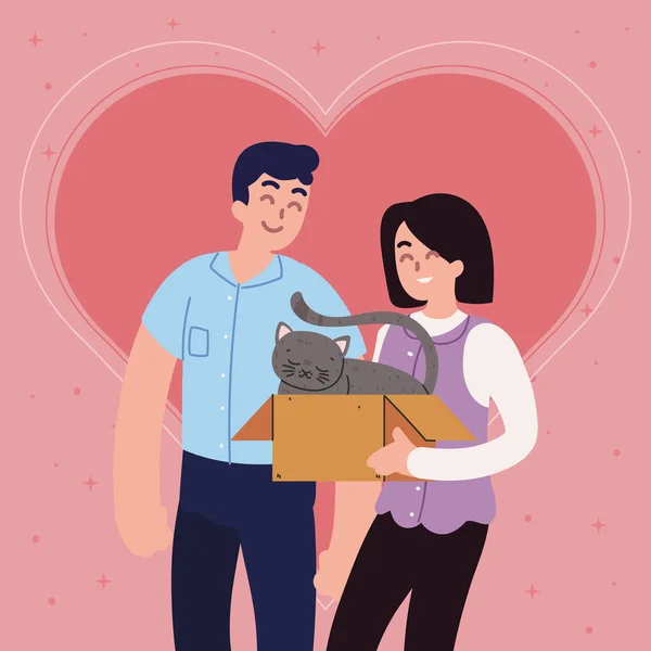 Couple avec chat en boîte — Image vectorielle