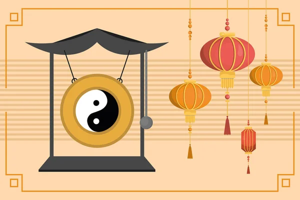 Chinese gong and lanterns — Stock Vector