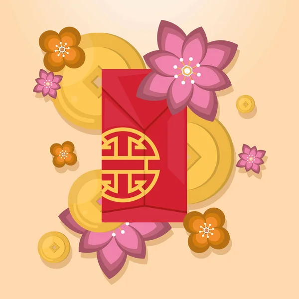 Chinese envelope and flowers — Stock Vector