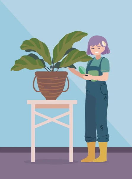 Mujer cuidando una planta de interior — Archivo Imágenes Vectoriales