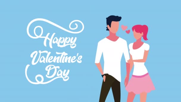 Liefhebbers paar personages en valentijnsdag belettering — Stockvideo