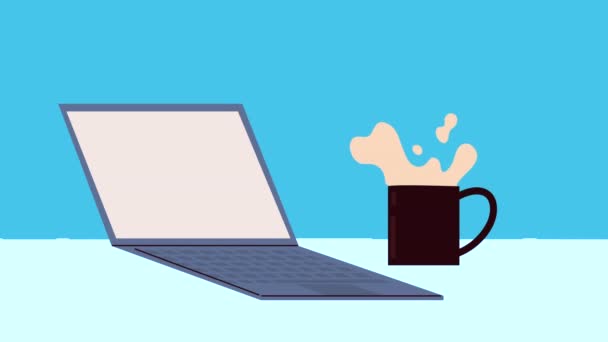 带有咖啡杯动画的笔记本电脑 — 图库视频影像