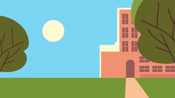 Фасад здания школы с солнцем — стоковое видео
