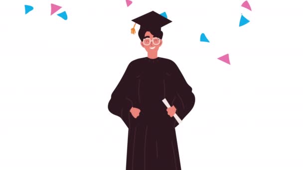 Estudiante universitario masculino graduándose y confeti — Vídeos de Stock