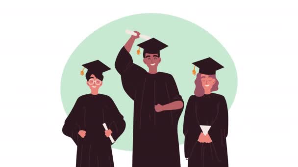 Tres estudiantes universitarios graduados personajes — Vídeos de Stock