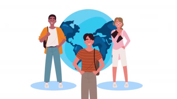 Три студента на планете Земля — стоковое видео