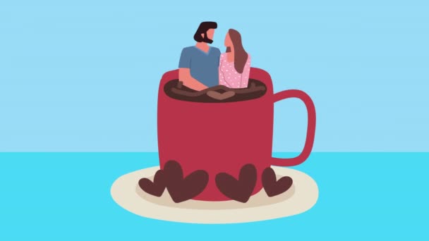 Feliz San Valentín amantes pareja en taza de café — Vídeos de Stock