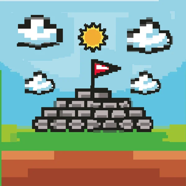 Pixel Juego Pantalla Pared Con Bandera — Vector de stock