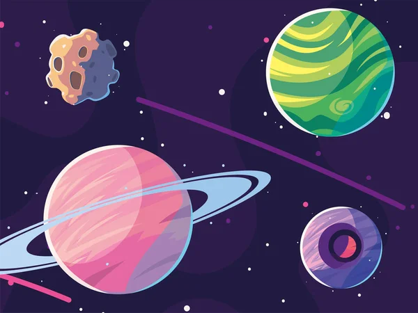 Planetas espaciales y asteroides — Vector de stock