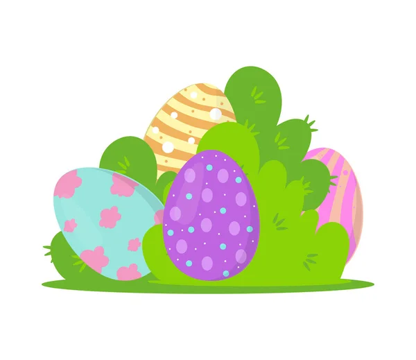 Huevos de Pascua en arbustos — Vector de stock
