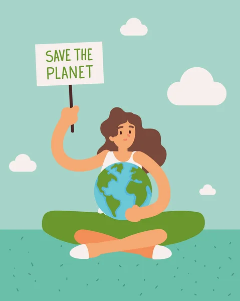 Mujer sostiene salvar el planeta tablero — Vector de stock