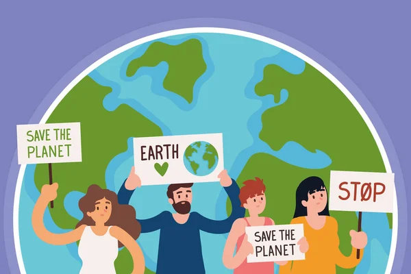 Menschen tragen Banner, die den Planeten retten — Stockvektor