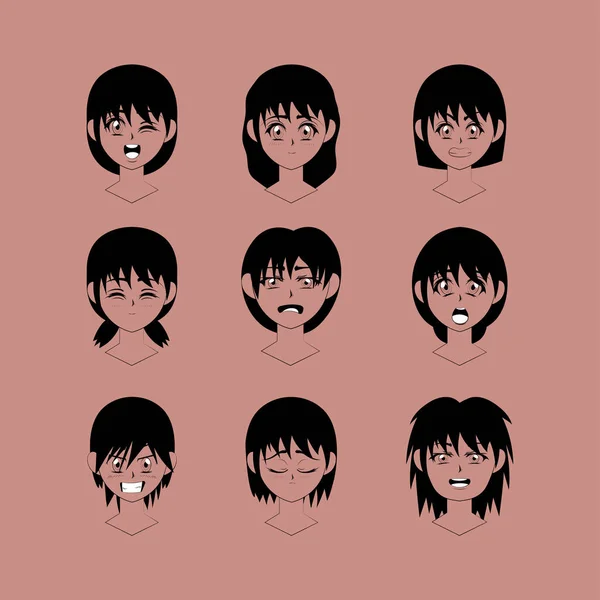 Anime personages gezichten — Stockvector