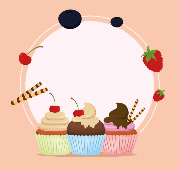 Heerlijke cupcakes gebak — Stockvector