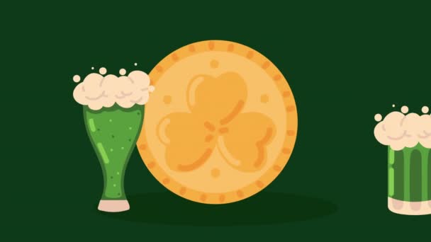 Saint patricks day golden coin and beers — Stock Video