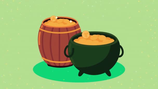Saint patricks day treasure barrel and cauldron — Stock Video