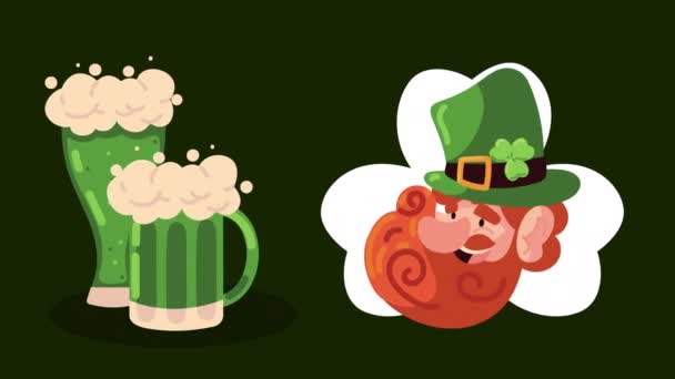 Saint patricks jour leprechaun tête et bières — Video