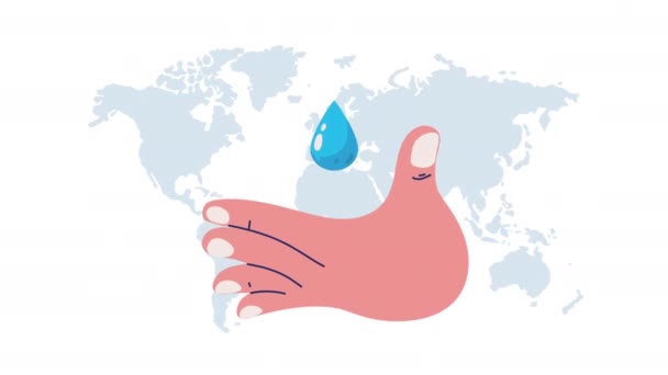 Världen vatten dag med hand och droppe i kontinenter — Stockvideo