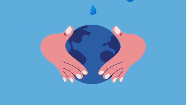 Wereld water dag met de handen beschermen aarde planeet — Stockvideo
