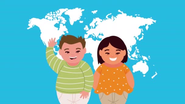 Animación día abajo mundo con los niños pareja y mapas — Vídeo de stock