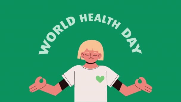 Día mundial de la salud letras y mujer rubia — Vídeo de stock