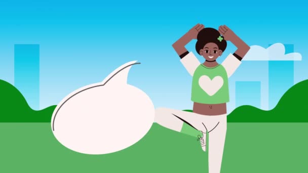 Día mundial de la salud con afro chica ejercitando escena — Vídeos de Stock