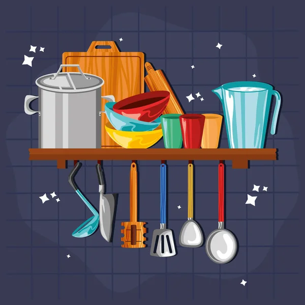 Keukengerei op de plank — Stockvector