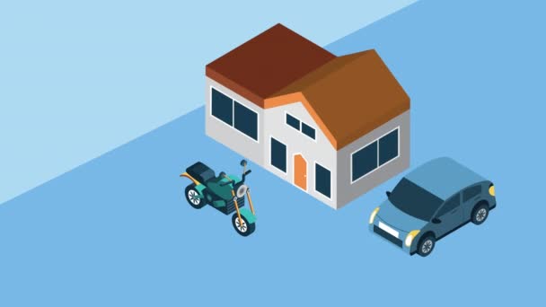 Casa con coche y motocicleta — Vídeos de Stock