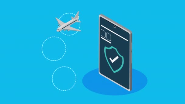 Insurance shield in smartphone with airplane — Stock Video