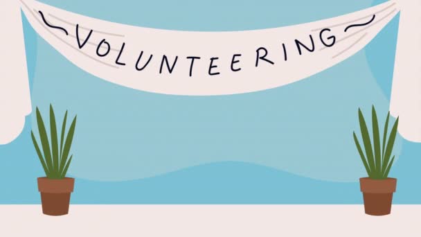 Lettering voluntariado com animação plantas de sala — Vídeo de Stock