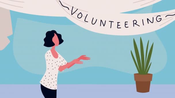 Lettering voluntariado com planta de sala e voluntário — Vídeo de Stock