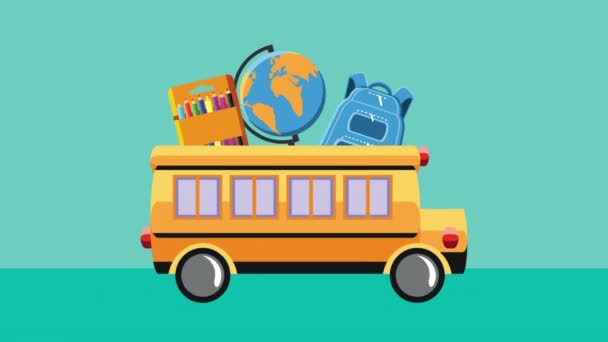 Schoolbus en educatieve pictogrammen animatie — Stockvideo