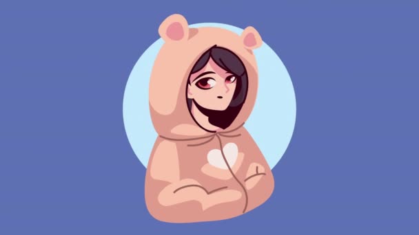 Girl with bear custome anime character — Stock Video