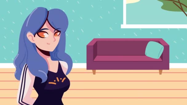 Flicka i vardagsrummet anime karaktär — Stockvideo