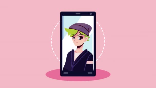 Young man in smartphone anime character — Stock Video