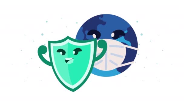 Planeta terra usando máscara facial e escudo — Vídeo de Stock
