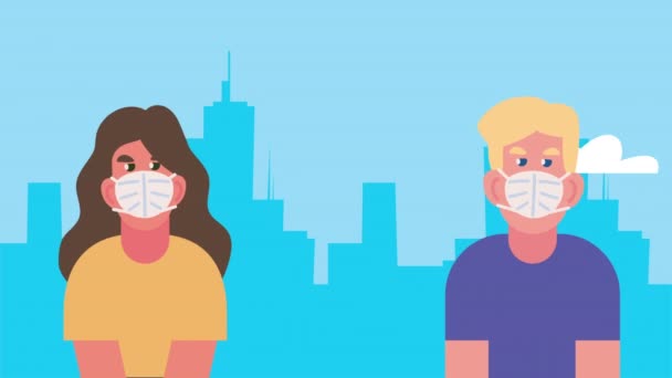 Couple wearing face masks on the city — Stock Video