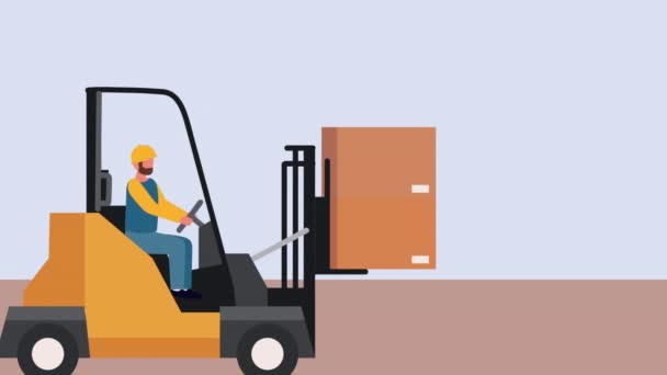 Pekerja layanan logistik mengemudi forklift dengan adegan kotak — Stok Video