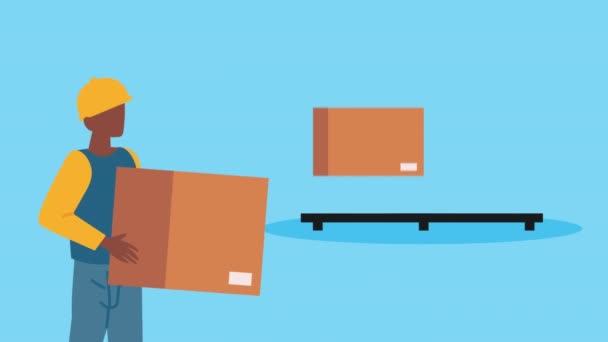 Servicio logístico afro trabajador con cajas de cartón — Vídeos de Stock