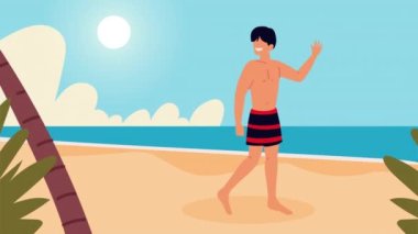 Erkek tatilci sahilde yürüyor.