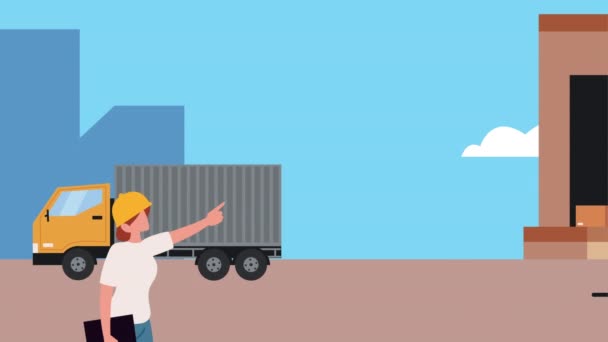Работники логистических служб со складами и грузовиками — стоковое видео