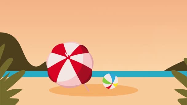 Seascape beach with balloon and umbrella — Stock Video