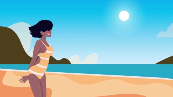 Afro vacancière sur la plage animation — Video