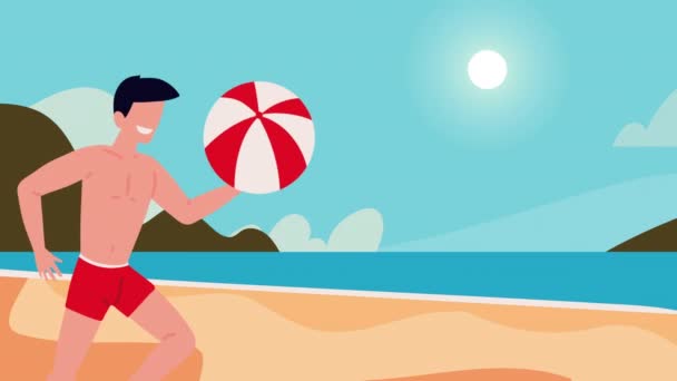 Vacancier masculin jouant avec ballon sur la plage — Video