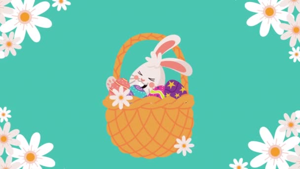 Пасхальная анимация с кроликом и яйцами в корзине — стоковое видео