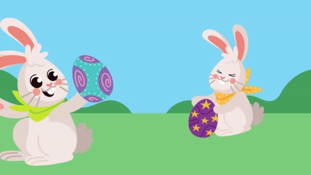 Fröhliche Osteranimation mit Hasen und Eiern — Stockvideo